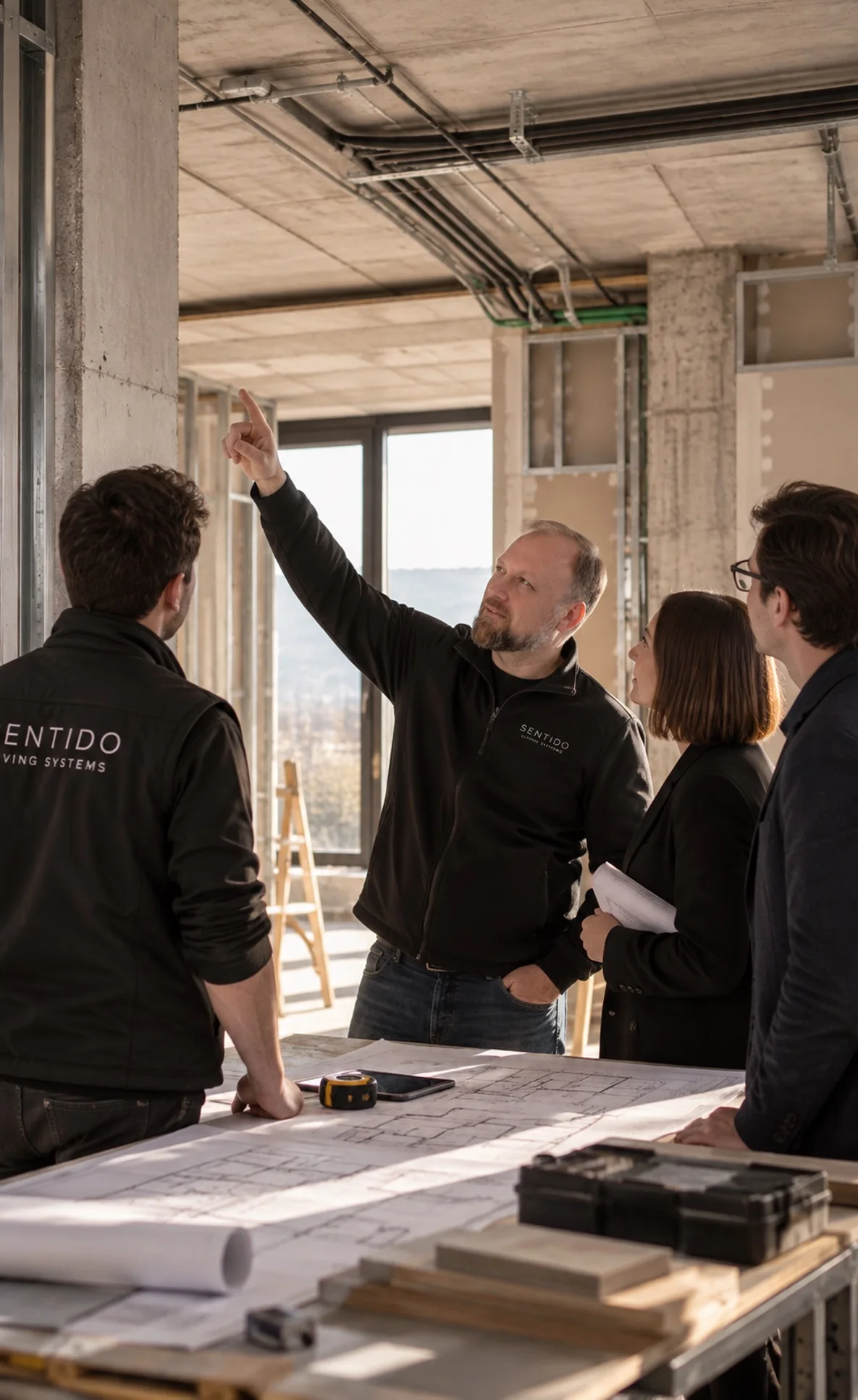 Sentido engineers pointing out ceiling services to an architect