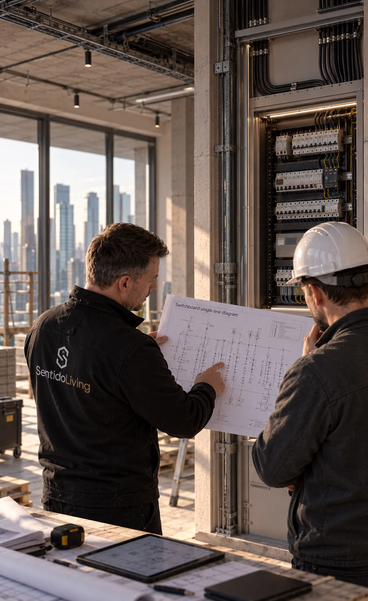 Engineer reviewing a single-line diagram beside a distribution panel