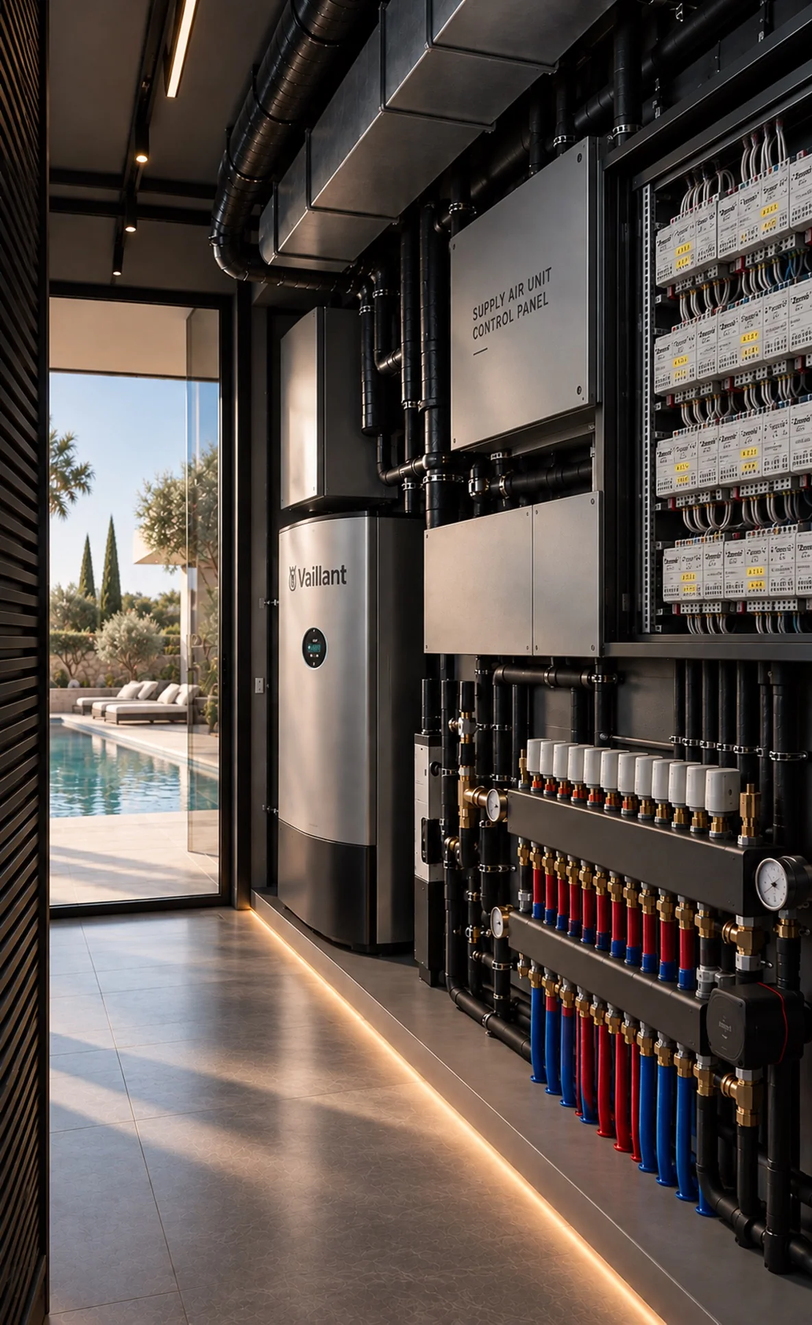Plant room with heat pump, manifolds and control panels