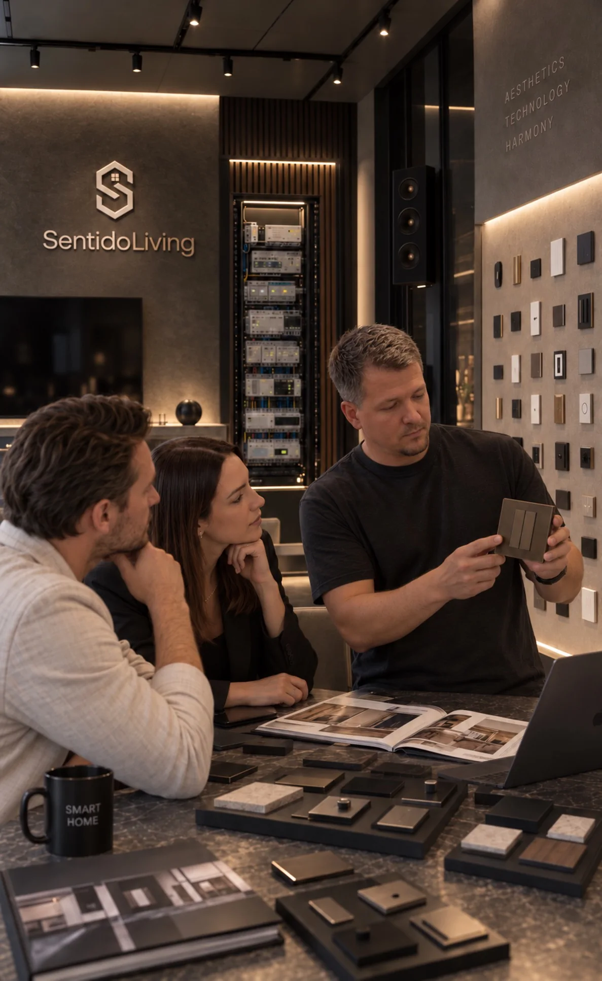 Reviewing keypad finish samples with clients in the showroom