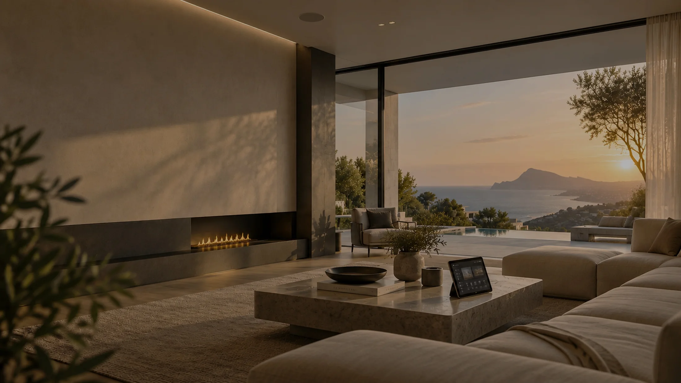 Salón con una capa de control oculta y vistas al mar al atardecer