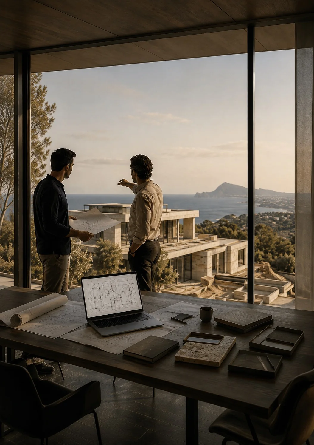 Architect and engineer discussing a villa project over drawings